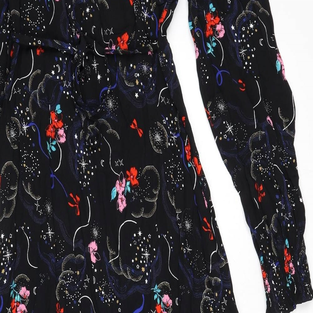 Marks and Spencer Womens Black Geometric Viscose A-Line Size 6 V-Neck Zip - Tie Detail