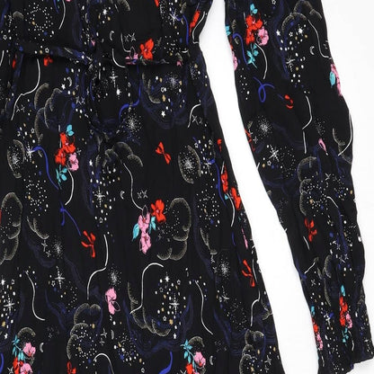 Marks and Spencer Womens Black Geometric Viscose A-Line Size 6 V-Neck Zip - Tie Detail