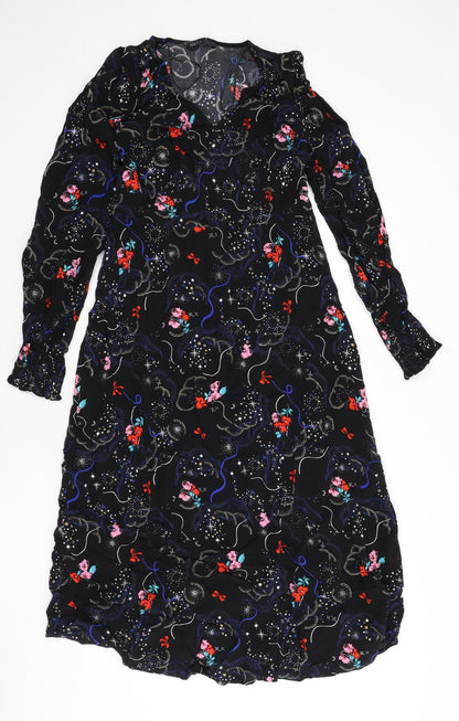 Marks and Spencer Womens Black Geometric Viscose A-Line Size 10 V-Neck Zip - Tie Detail