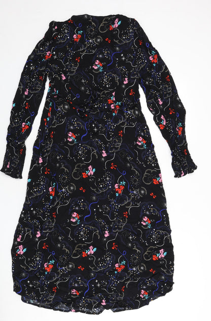 Marks and Spencer Womens Black Geometric Viscose A-Line Size 10 V-Neck Zip - Tie Detail