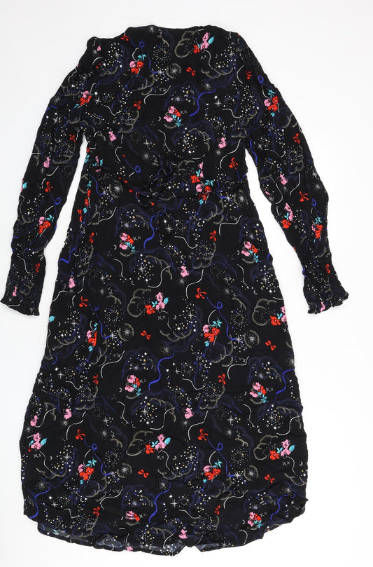 Marks and Spencer Womens Black Geometric Viscose A-Line Size 10 V-Neck Zip - Tie Detail