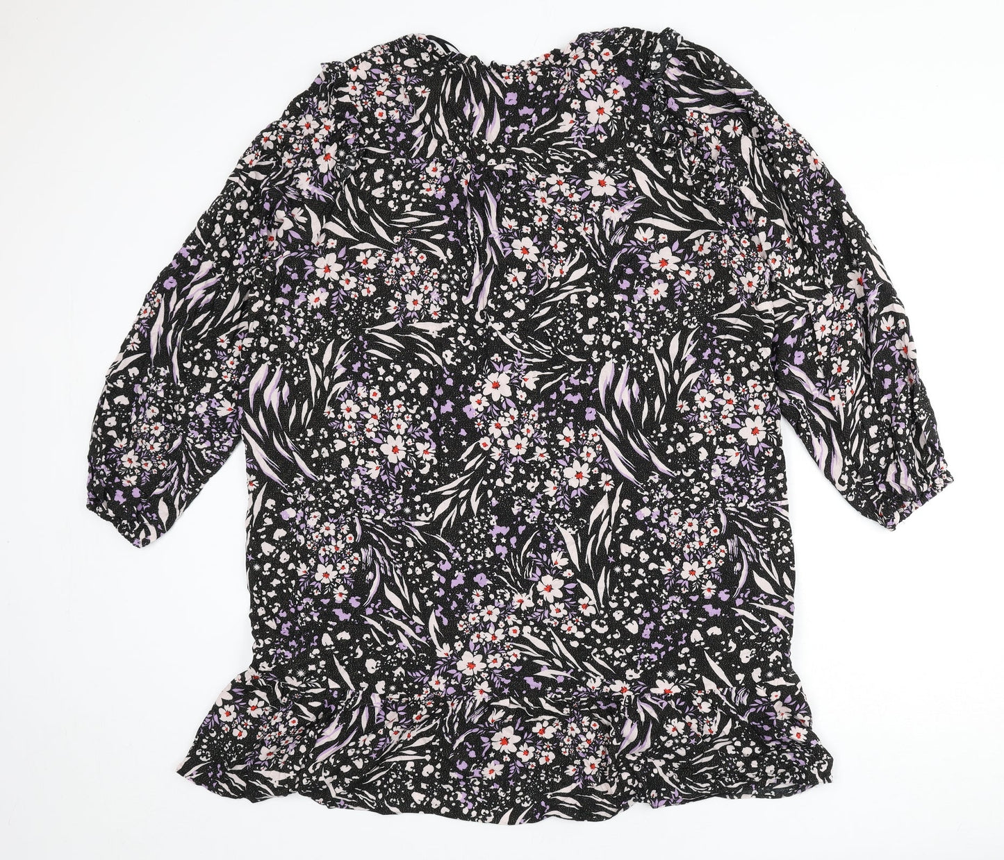 Marks and Spencer Womens Black Viscose A-Line Size 22 V-Neck Button - Flowers, Glitter