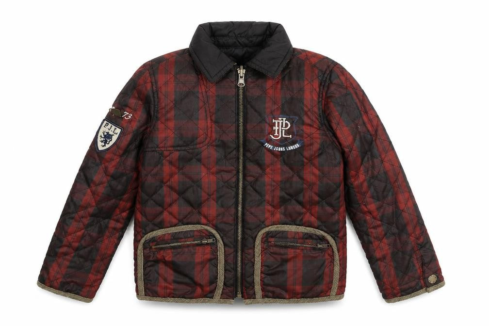 Front view of Pepe Jeans boys’ red plaid quilted coat, size 6, years zip