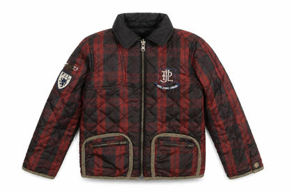 Front view of Pepe Jeans boys’ red plaid quilted coat, size 6, years zip