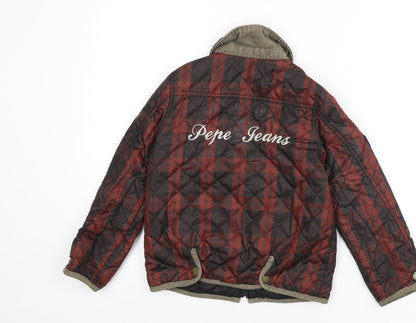 Pepe Jeans Boys Red Plaid Quilted Coat Size 6 Years Zip
