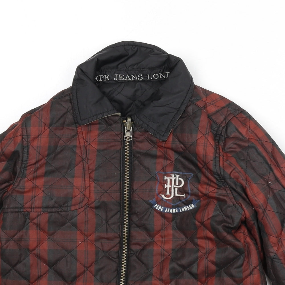 Pepe Jeans Boys Red Plaid Quilted Coat Size 6 Years Zip