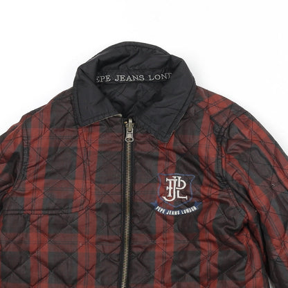 Pepe Jeans Boys Red Plaid Quilted Coat Size 6 Years Zip