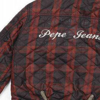 Pepe Jeans Boys Red Plaid Quilted Coat Size 6 Years Zip