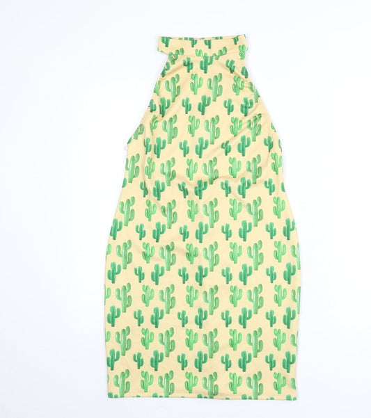 Boohoo Womens Beige Geometric Polyester Bodycon Size 12 Halter Button - Cactus Print