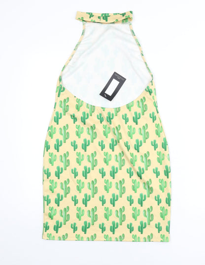 Boohoo Womens Beige Geometric Polyester Bodycon Size 12 Halter Button - Cactus Print