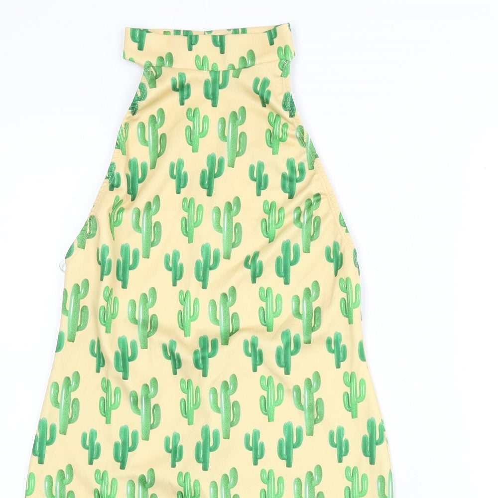 Boohoo Womens Beige Geometric Polyester Bodycon Size 12 Halter Button - Cactus Print