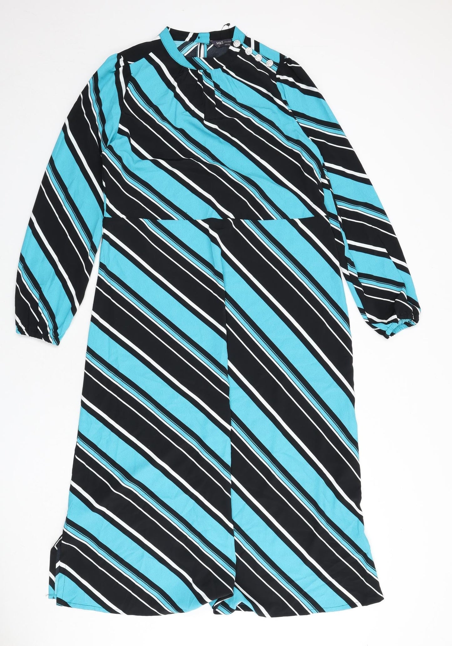 Marks and Spencer Womens Multicoloured Striped Polyester A-Line Size 10 Round Neck Button