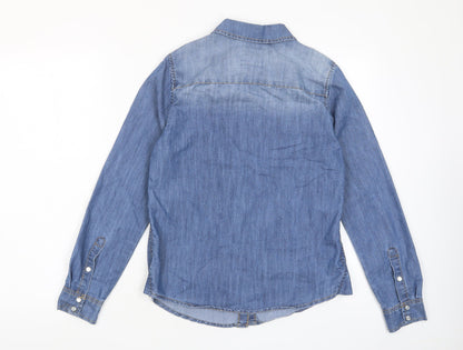 YesYes Womens Blue Cotton Basic Button-Up Size 8 Collared - Pockets
