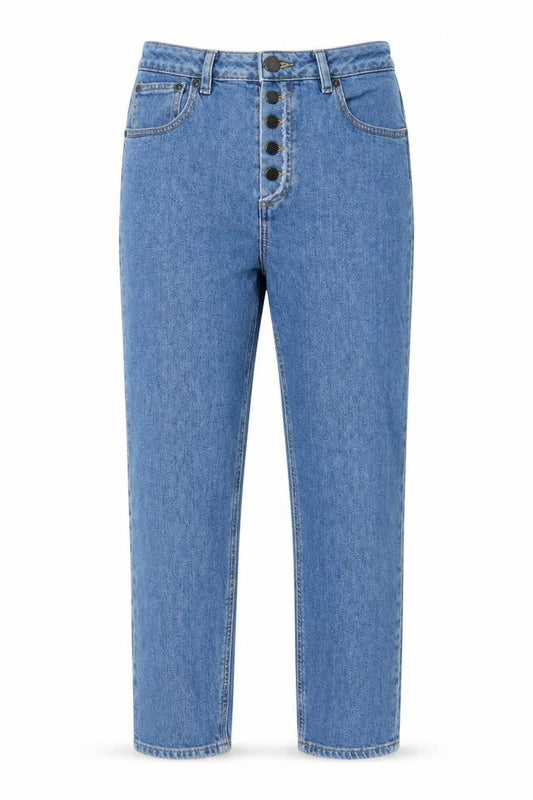 Front view of ASOS women’s blue cotton straight jeans, size UK 30, in, 30-inch leg regular button - pockets