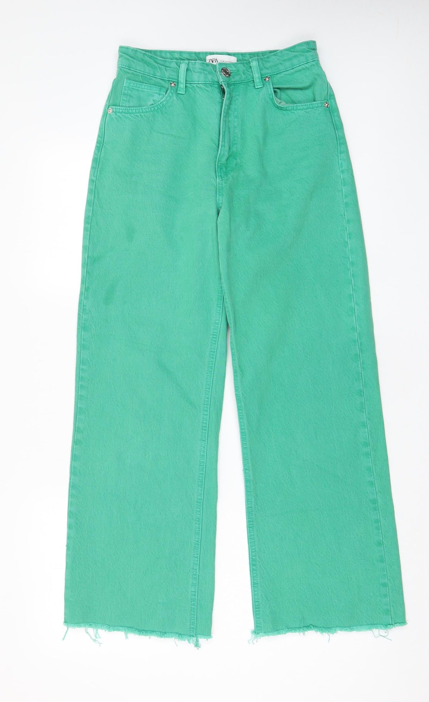 Zara Womens Green Cotton Wide-Leg Jeans Size 8 L28 in Regular Zip - Pockets