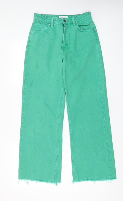 Zara Womens Green Cotton Wide-Leg Jeans Size 8 L28 in Regular Zip - Pockets