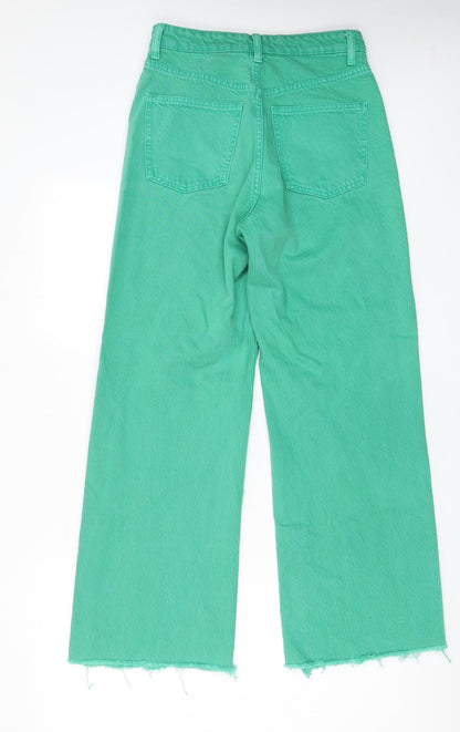 Zara Womens Green Cotton Wide-Leg Jeans Size 8 L28 in Regular Zip - Pockets