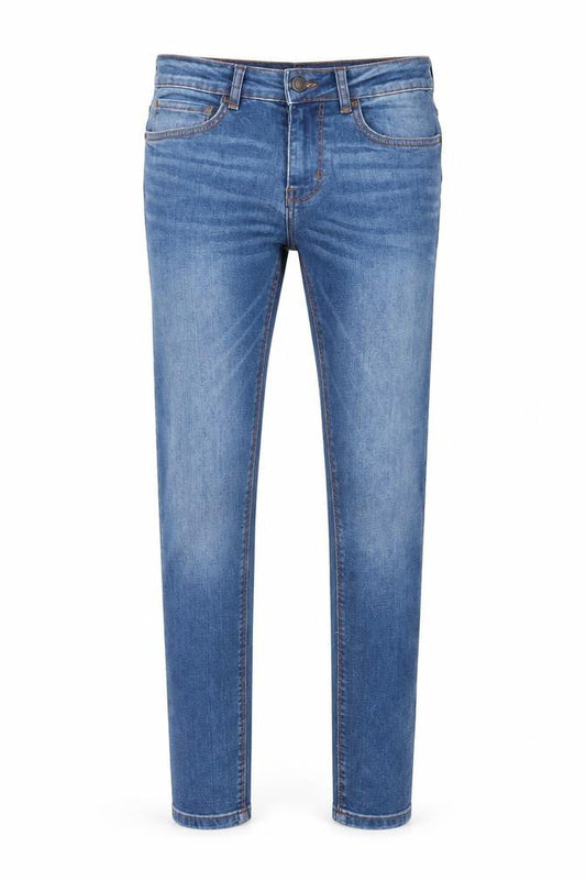 Front view of Denim & Co. men’s blue cotton skinny jeans, size 30, in, 32-inch leg regular zip - pockets