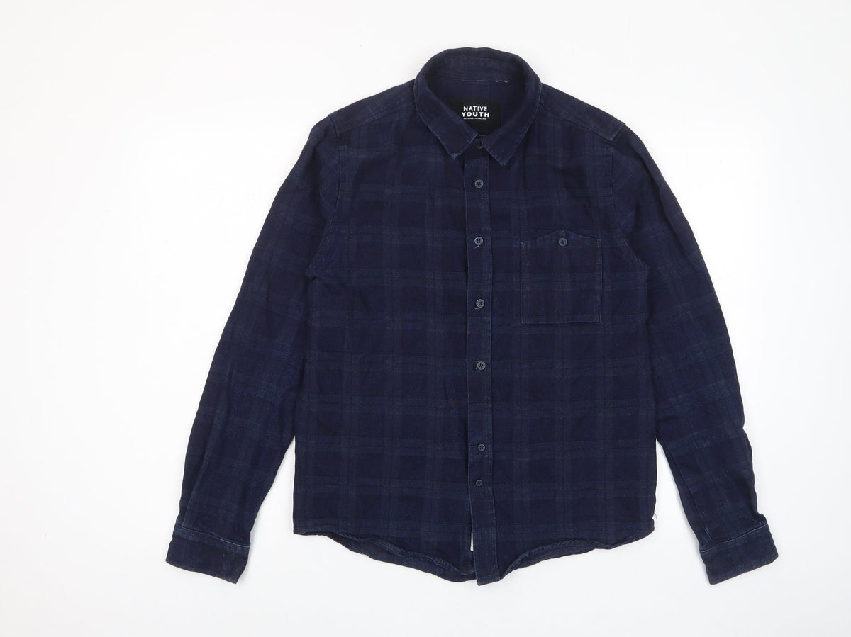 Native Youth Mens Blue Plaid Cotton Button-Up Size S Collared Button