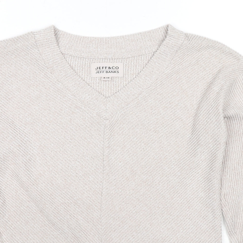 Jeffrey Banks Womens Beige V-Neck Polyester Pullover Jumper Size 8 - Size 8-10