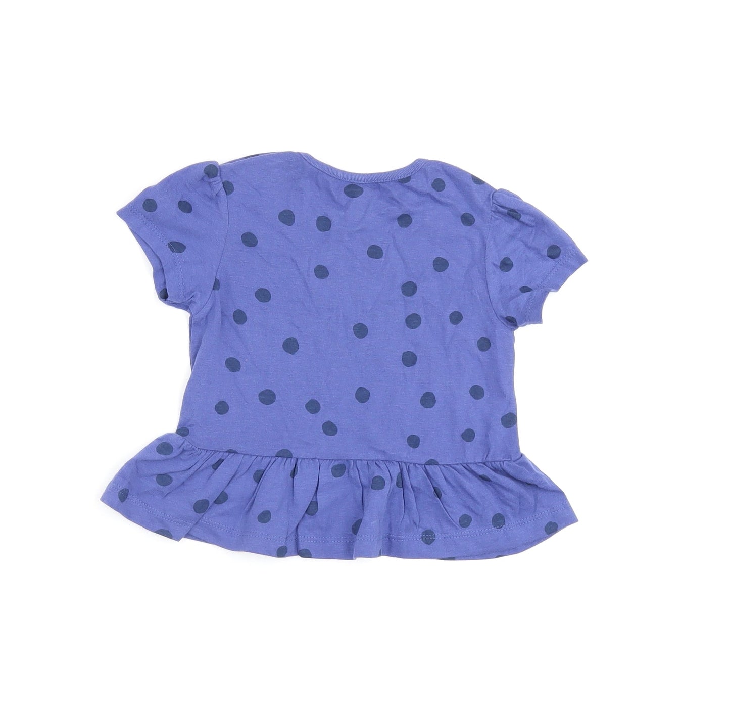 Marks and Spencer Girls Blue Polka Dot Cotton Basic T-Shirt Size 12-18 Months Round Neck Snap