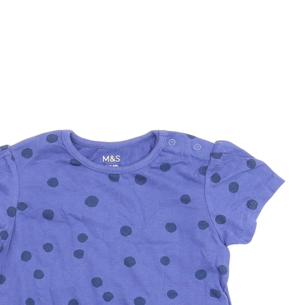 Marks and Spencer Girls Blue Polka Dot Cotton Basic T-Shirt Size 12-18 Months Round Neck Snap
