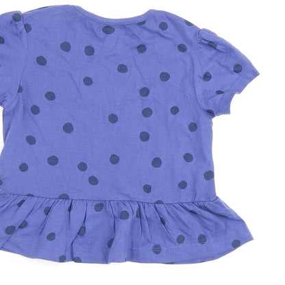 Marks and Spencer Girls Blue Polka Dot Cotton Basic T-Shirt Size 12-18 Months Round Neck Snap