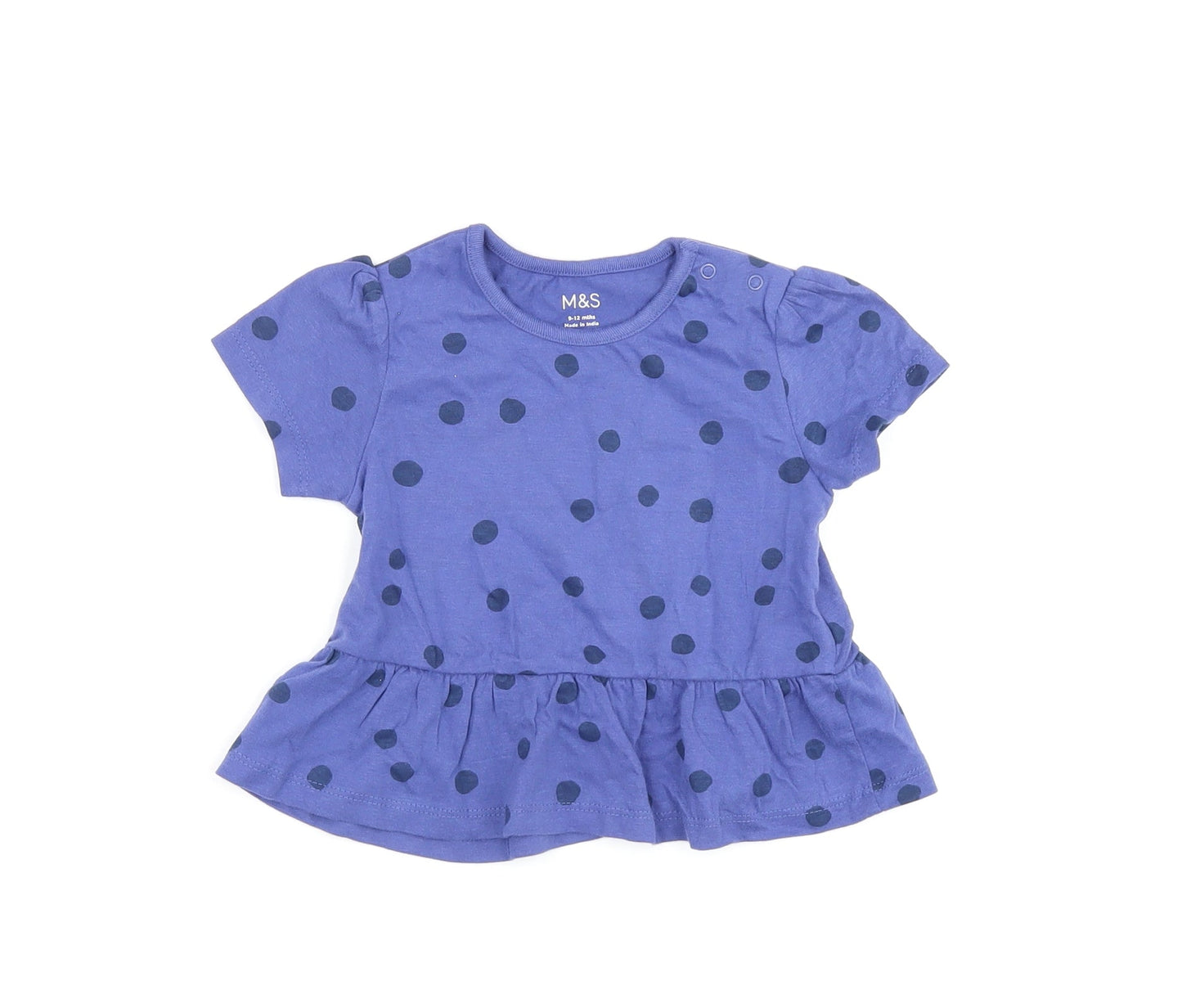 Marks and Spencer Girls Blue Polka Dot Cotton Basic T-Shirt Size 9-12 Months Round Neck Snap