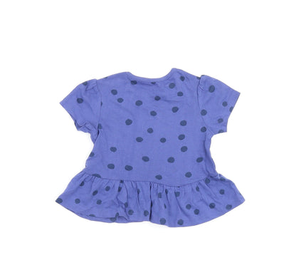 Marks and Spencer Girls Blue Polka Dot Cotton Basic T-Shirt Size 9-12 Months Round Neck Snap