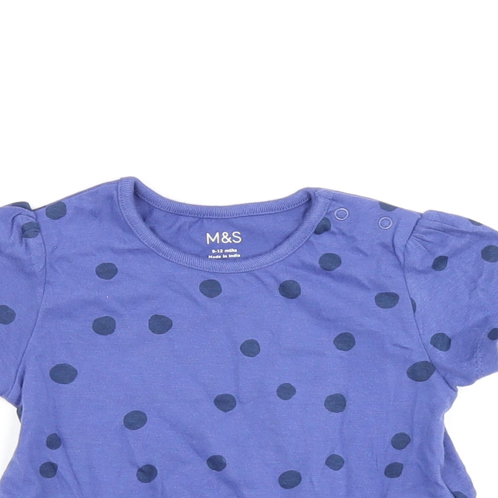 Marks and Spencer Girls Blue Polka Dot Cotton Basic T-Shirt Size 9-12 Months Round Neck Snap