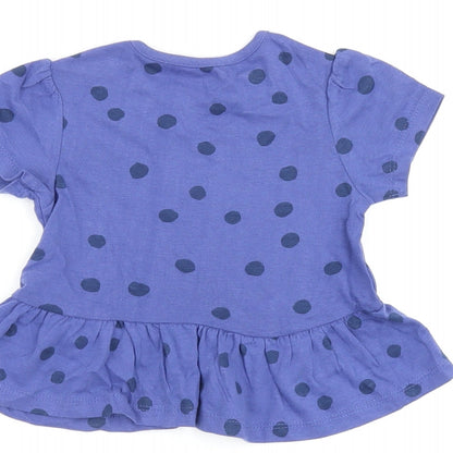 Marks and Spencer Girls Blue Polka Dot Cotton Basic T-Shirt Size 9-12 Months Round Neck Snap
