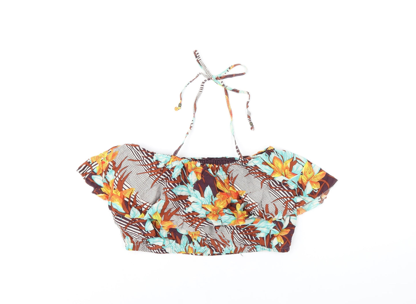 FOREVER 21 Womens Multicoloured Floral Viscose Cropped T-Shirt Size L Off the Shoulder - Bandeau Top