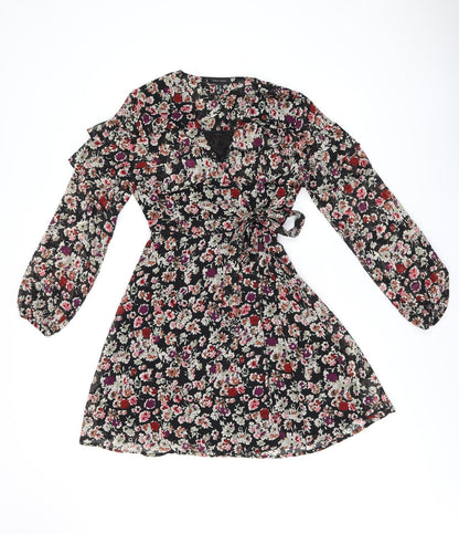 New Look Womens Black Floral Polyester Wrap Dress Size 6 V-Neck Tie