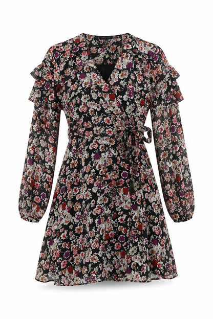 New Look Womens Black Floral Polyester Wrap Dress Size 6 V-Neck Tie