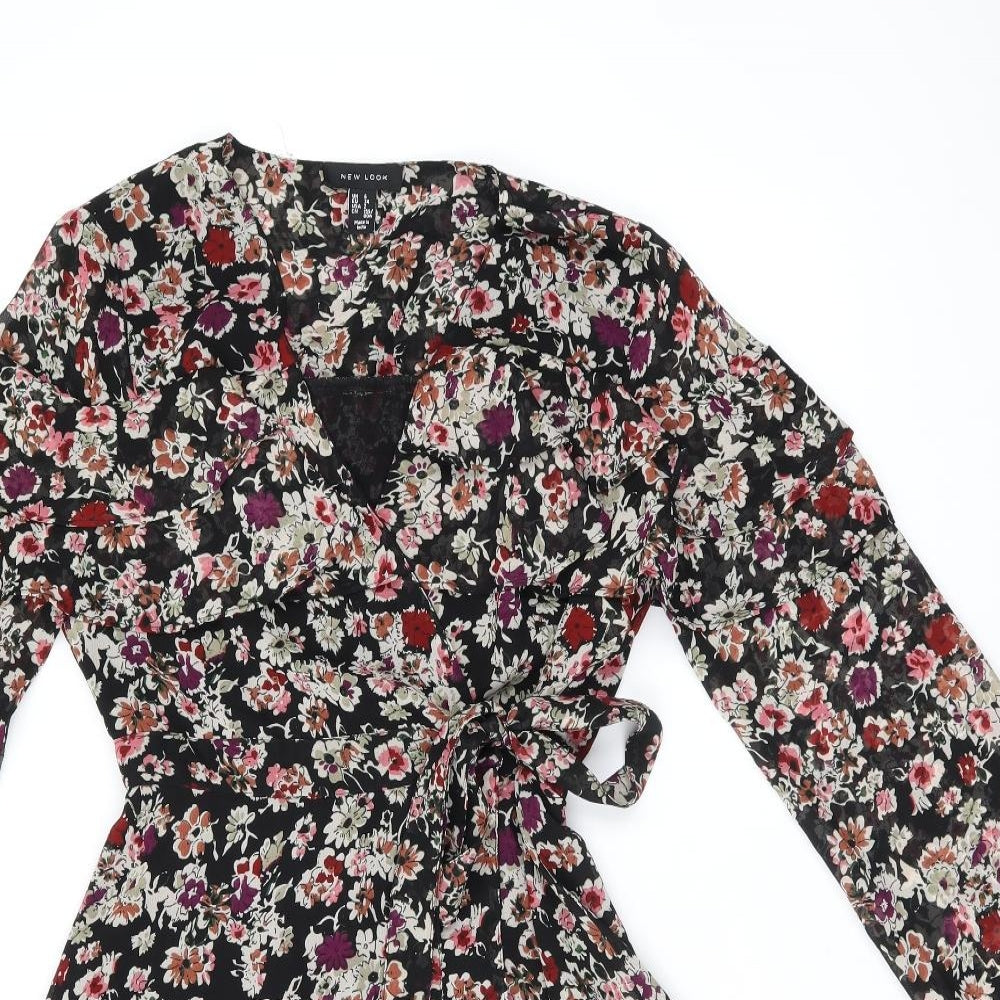 New Look Womens Black Floral Polyester Wrap Dress Size 6 V-Neck Tie