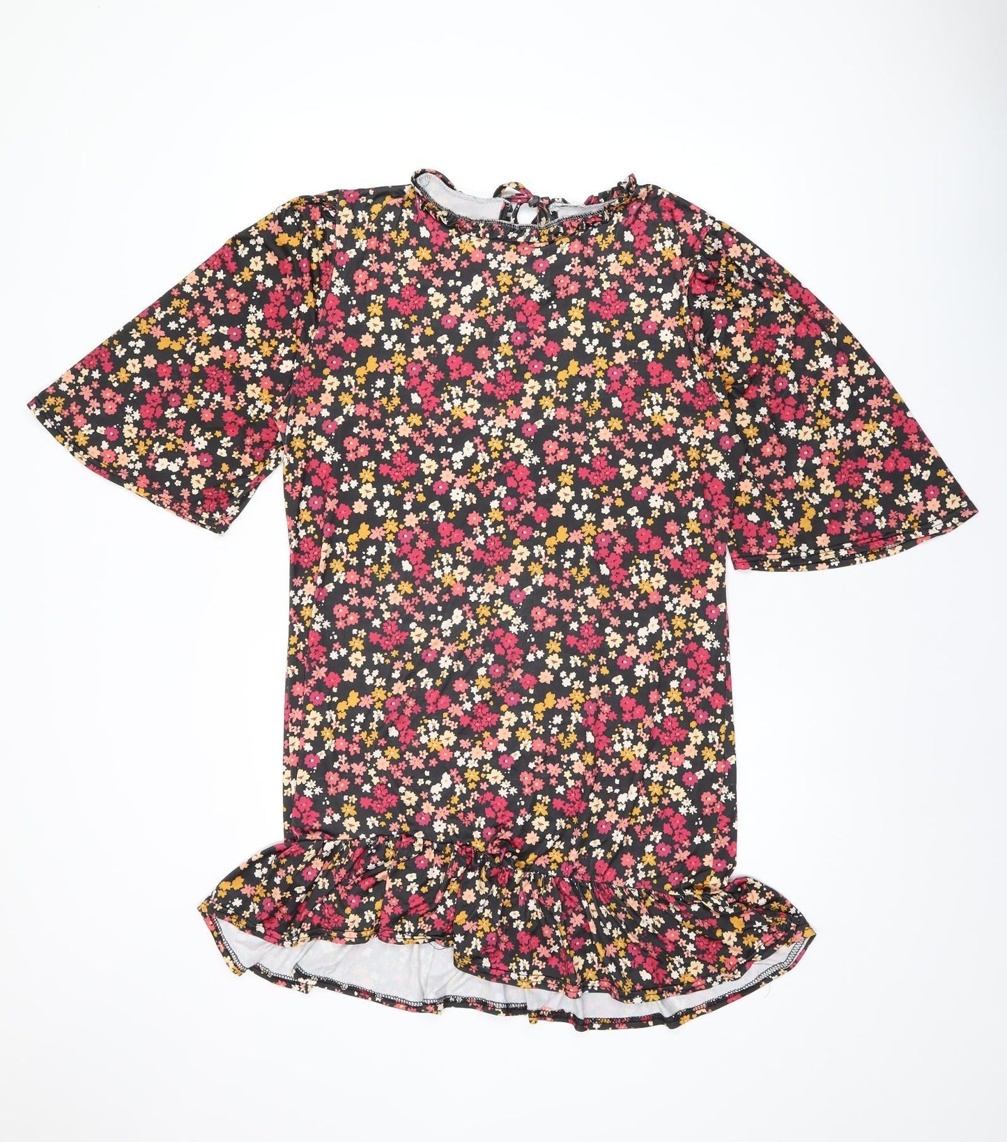 Boohoo Womens Black Floral Polyester Shift Size 14 Round Neck Tie