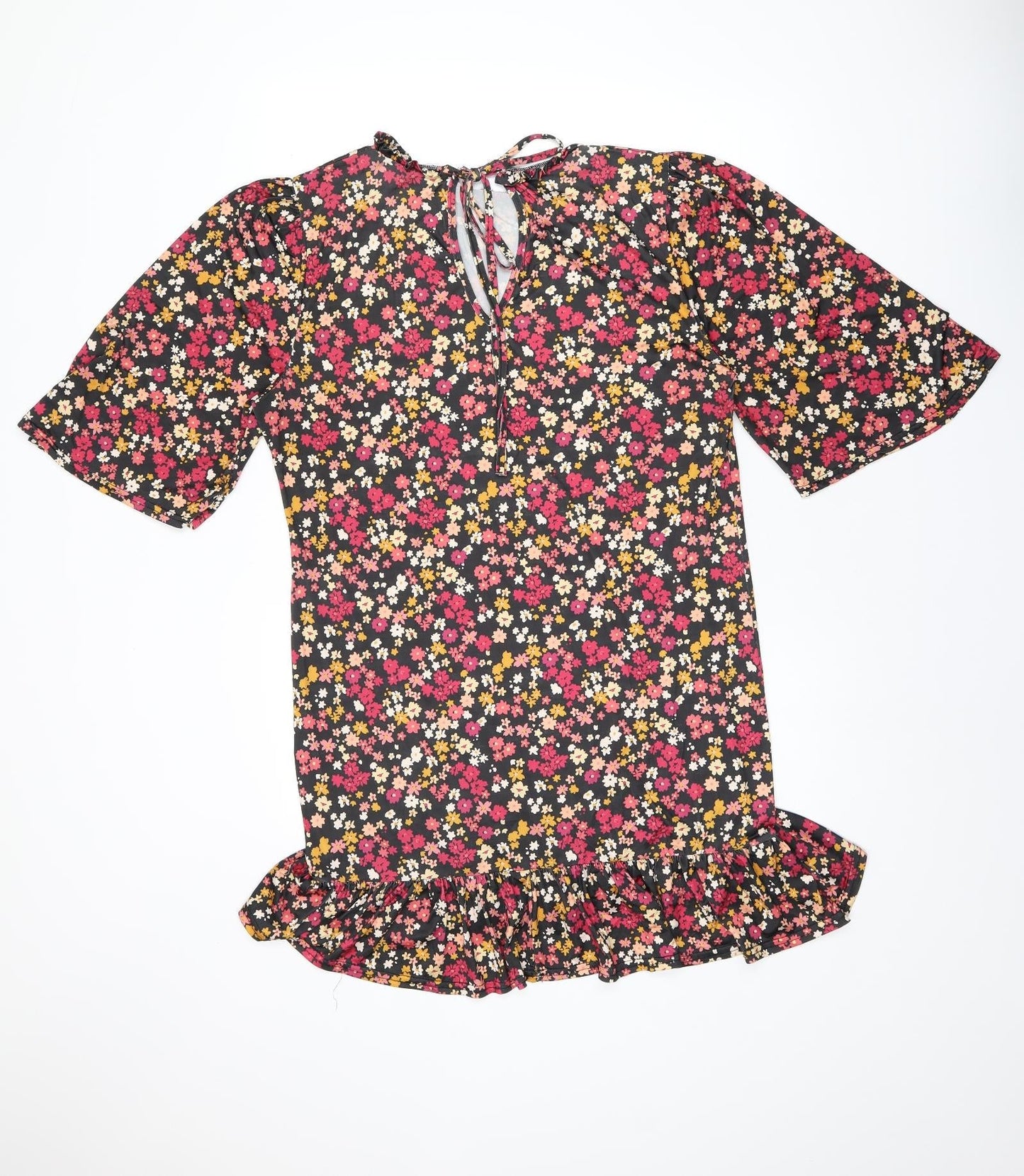 Boohoo Womens Black Floral Polyester Shift Size 14 Round Neck Tie