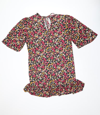 Boohoo Womens Black Floral Polyester Shift Size 14 Round Neck Tie