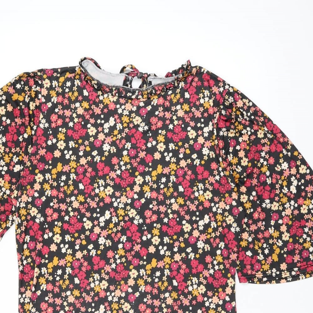 Boohoo Womens Black Floral Polyester Shift Size 14 Round Neck Tie