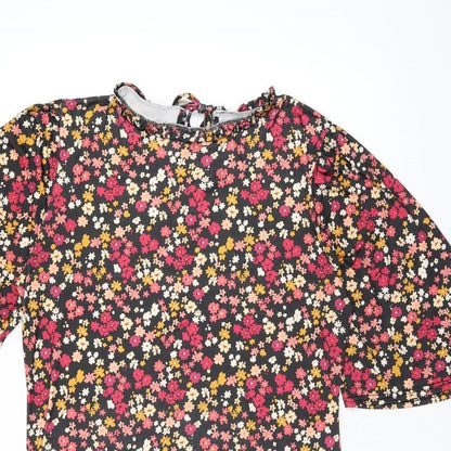 Boohoo Womens Black Floral Polyester Shift Size 14 Round Neck Tie