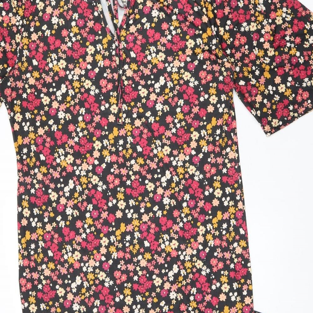 Boohoo Womens Black Floral Polyester Shift Size 14 Round Neck Tie