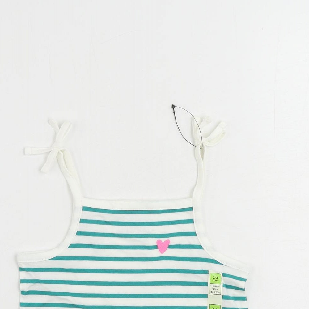 Marks and Spencer Girls Green Striped Cotton Camisole Tank Size 2-3 Years Square Neck Pullover