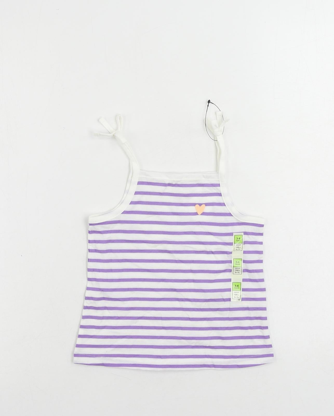 Marks and Spencer Girls Purple Striped Cotton Camisole Tank Size 3-4 Years Square Neck