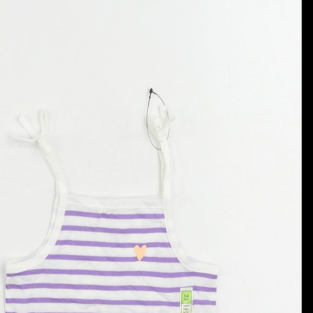 Marks and Spencer Girls Purple Striped Cotton Camisole Tank Size 3-4 Years Square Neck