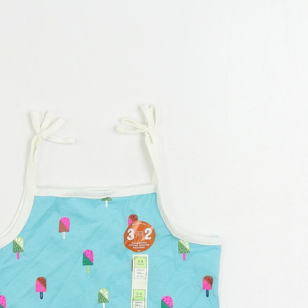 Marks and Spencer Girls Blue Geometric Cotton Camisole Tank Size 3-4 Years Square Neck Pullover - Ice Cream Print