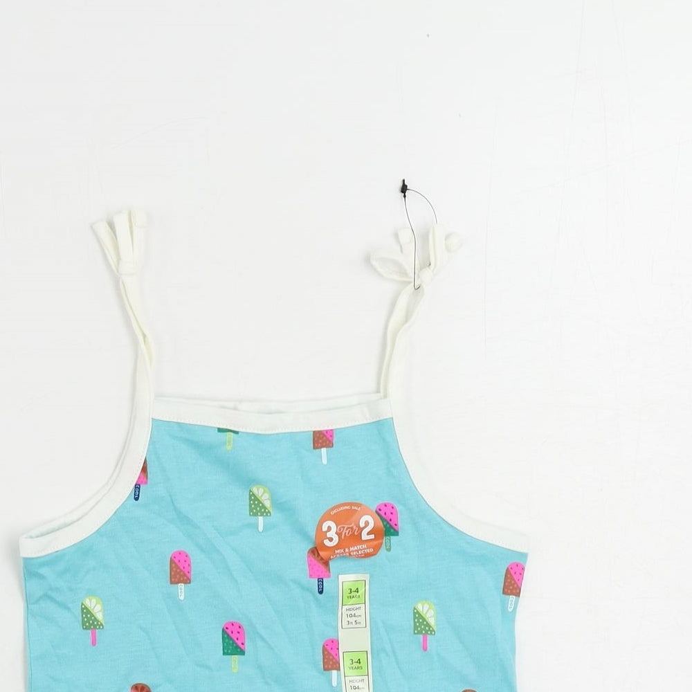 Marks and Spencer Girls Blue Geometric Cotton Camisole Tank Size 3-4 Years Square Neck Pullover - Ice Cream Print