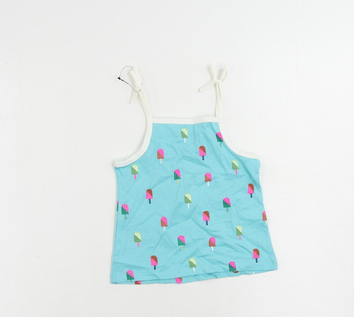 Marks and Spencer Girls Blue Geometric Cotton Camisole Tank Size 2-3 Years Square Neck Pullover - Ice Cream Print