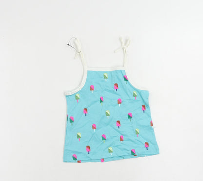 Marks and Spencer Girls Blue Geometric Cotton Camisole Tank Size 2-3 Years Square Neck Pullover - Ice Cream Print
