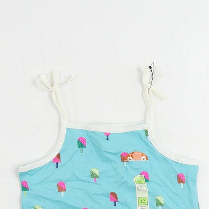Marks and Spencer Girls Blue Geometric Cotton Camisole Tank Size 2-3 Years Square Neck Pullover - Ice Cream Print