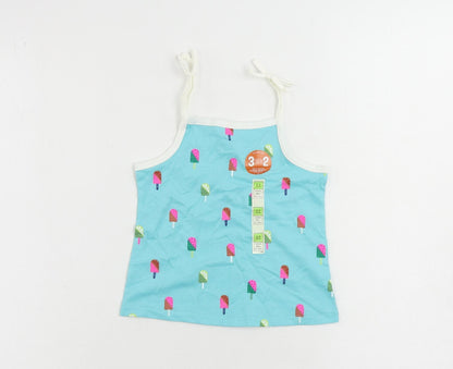 Marks and Spencer Girls Blue Geometric Cotton Camisole Tank Size 2-3 Years Square Neck Pullover - Ice Cream Print